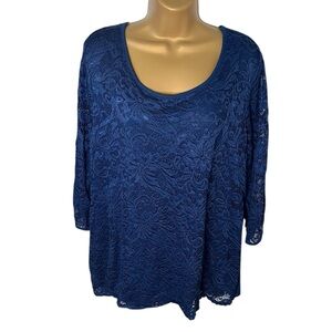 Dressbarn Lace Overlay Scoop Neck Top Zip Back Teal 1X